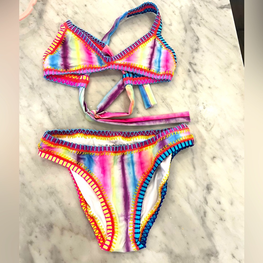 PhilyQ size 16 embroidered rainbow bikini.